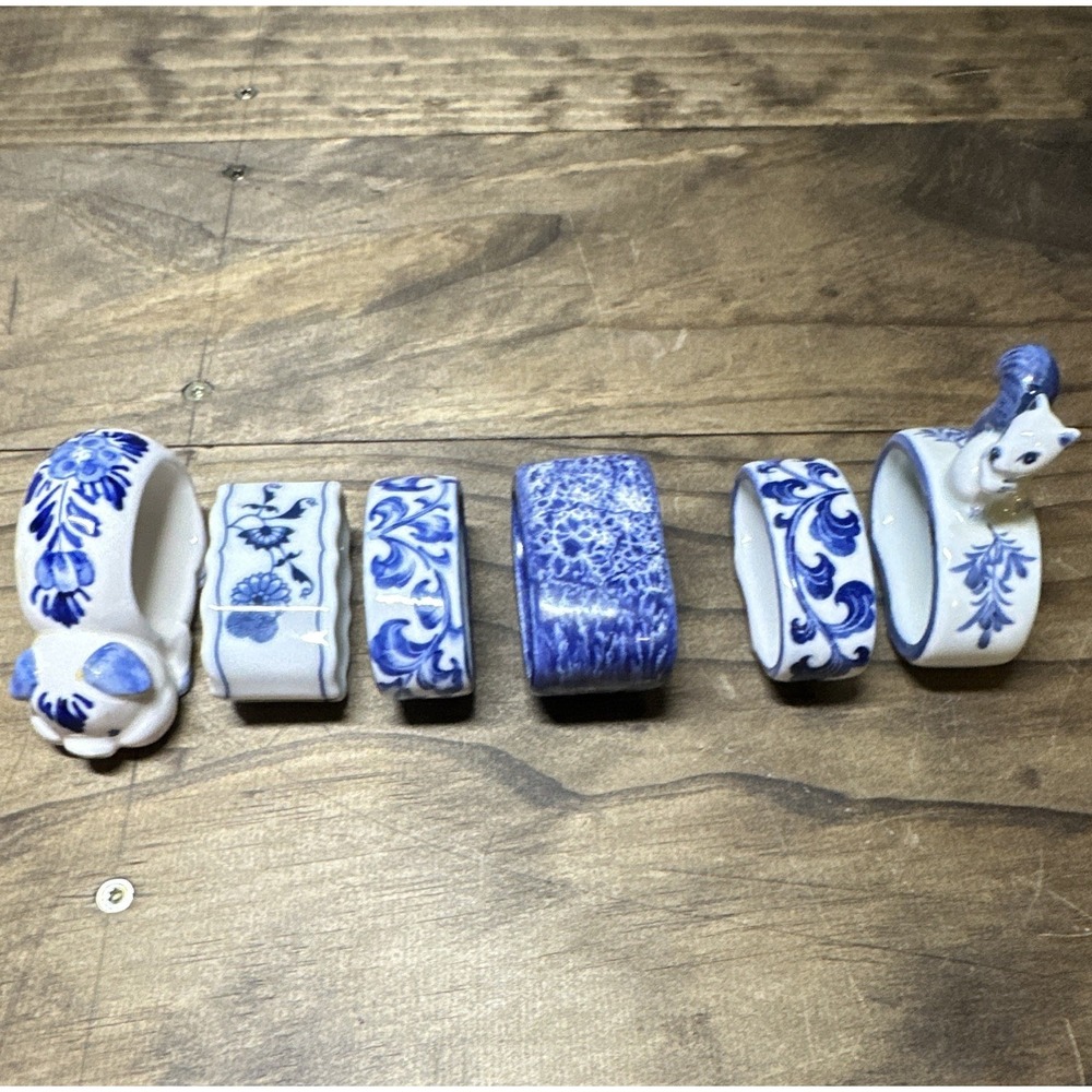 Blue Danube Blue White Ceramic Napkin Rings Set of 6 Floral Animal Thailand